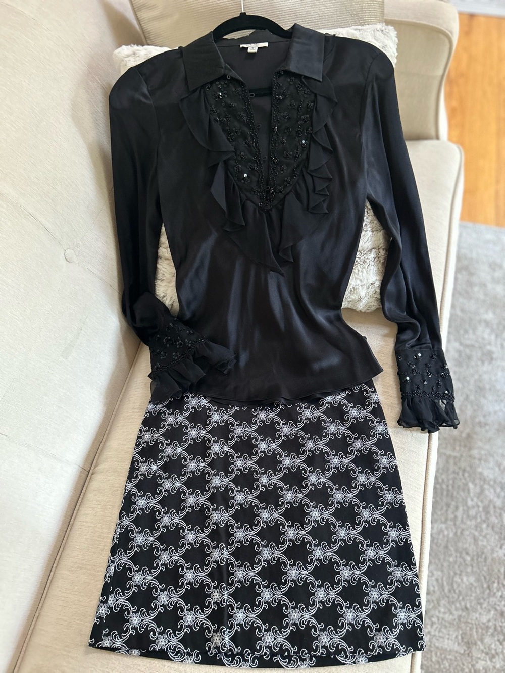 Cache Black and White Patterned Midi Skirt & Black Sequins Ruffled Blouse